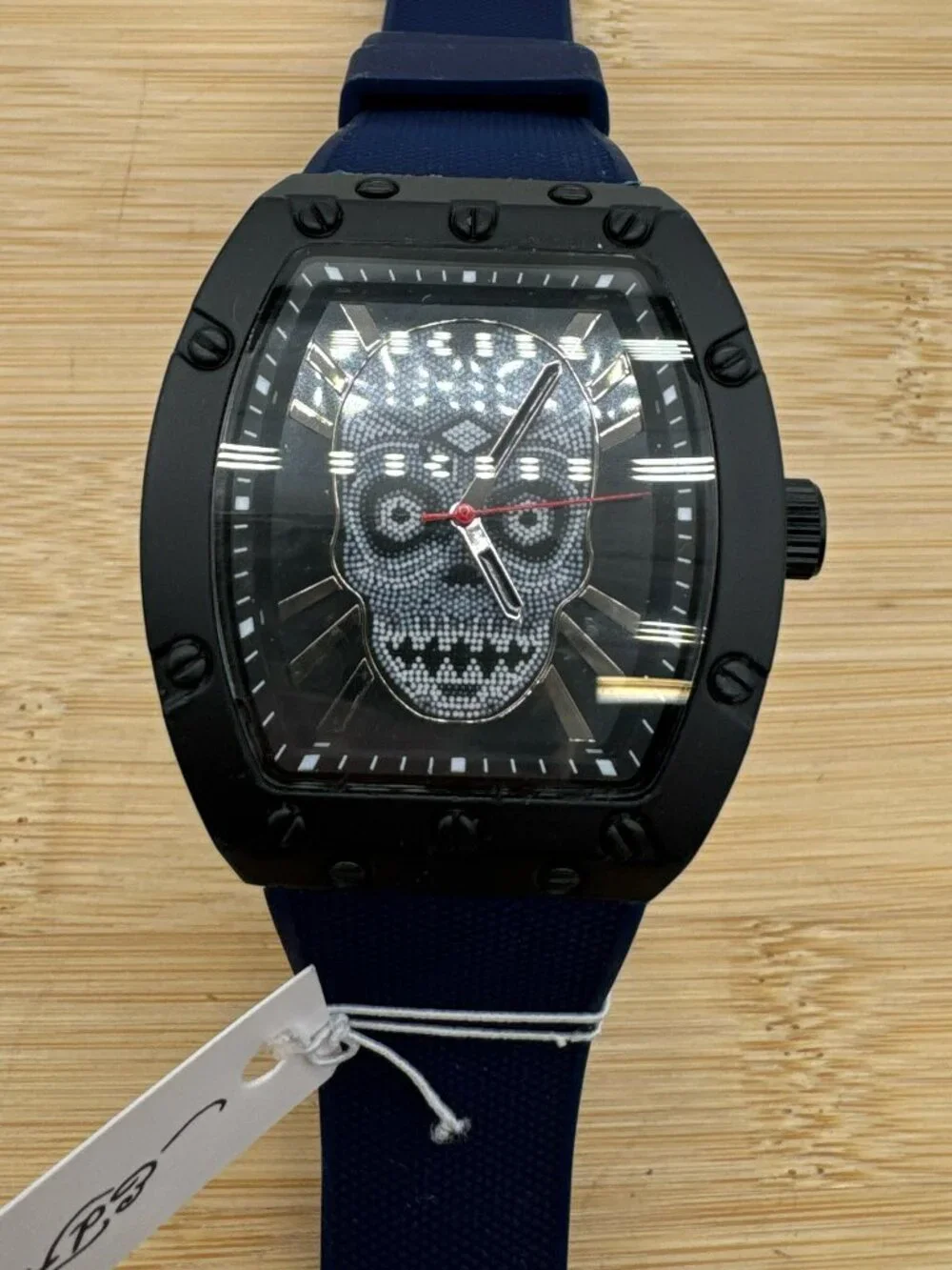 Ed Hardy Men's Crystal Skull Dial Watch Black Tonneau Case Navy Strap